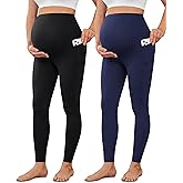 VALANDY Creamlush 2 Pack Women's Maternity Leggings with Pockets Over The Belly,Soft Comfy Active Yoga Lounge Pregnancy Pants