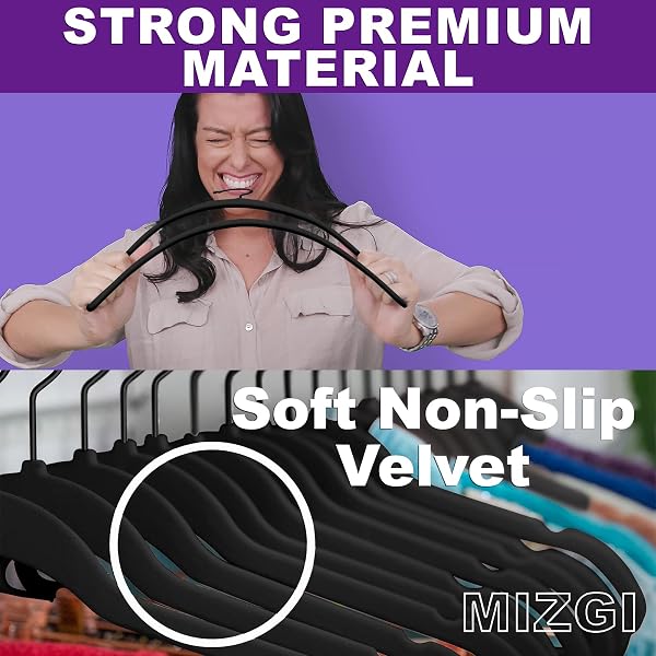 MIZGI PREMIUM ALL BLACK VELVET HANGERS WITH BLACK HOOKS (50 PACK) HEAVY DUTY – NON SLIP FELT HANGERS – 360 DEGREE SWIVEL,SPACE SAVING CLOTHES HANGERS,DURABLE STRONG HANGERS FOR SUITS,COAT