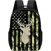 KOYI Camo Backpack for Boys American Flag Camo Deer Head Backpack, Camouflage Vintage USA Flag Deer School Backpack, Water Resistant Daypack Laptop Backpacks for Elementary Students Boys Girl