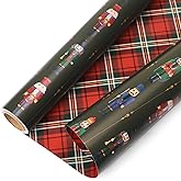 Ribbli Christmas Wrapping Paper Mini Roll Reversible Vintage Nutcracker and Tartan Plaid Gift Wrapping Paper Rolls Holiday Presents Decoration-17 Inch x 33 Feet-Green