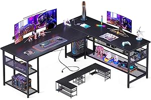 ODK 66" L Shaped Desk with Power Outlet and USB Charging Ports, Reversible L Shaped Computer Desk with Storage Shelves, Home Office Desk, Gaming Desk, Corner Desk, Black
