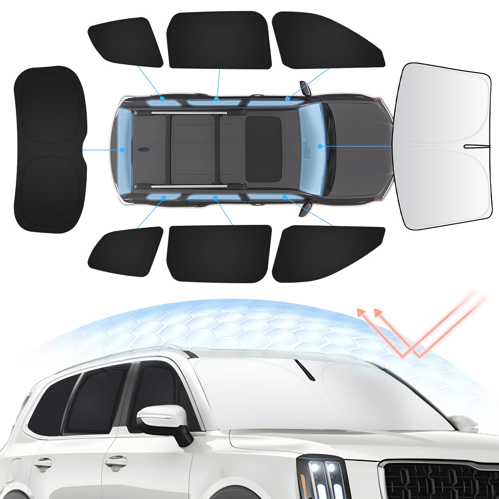 Photo 1 of Sunsdrew 8PCS Windshield Sun Shade Kit for Kia Telluride 2020-2025 Full Privacy Side Rear Window Shade Cover Foldable Sun Visor Protector Blocks UV&Heat Telluride Interior Accessories