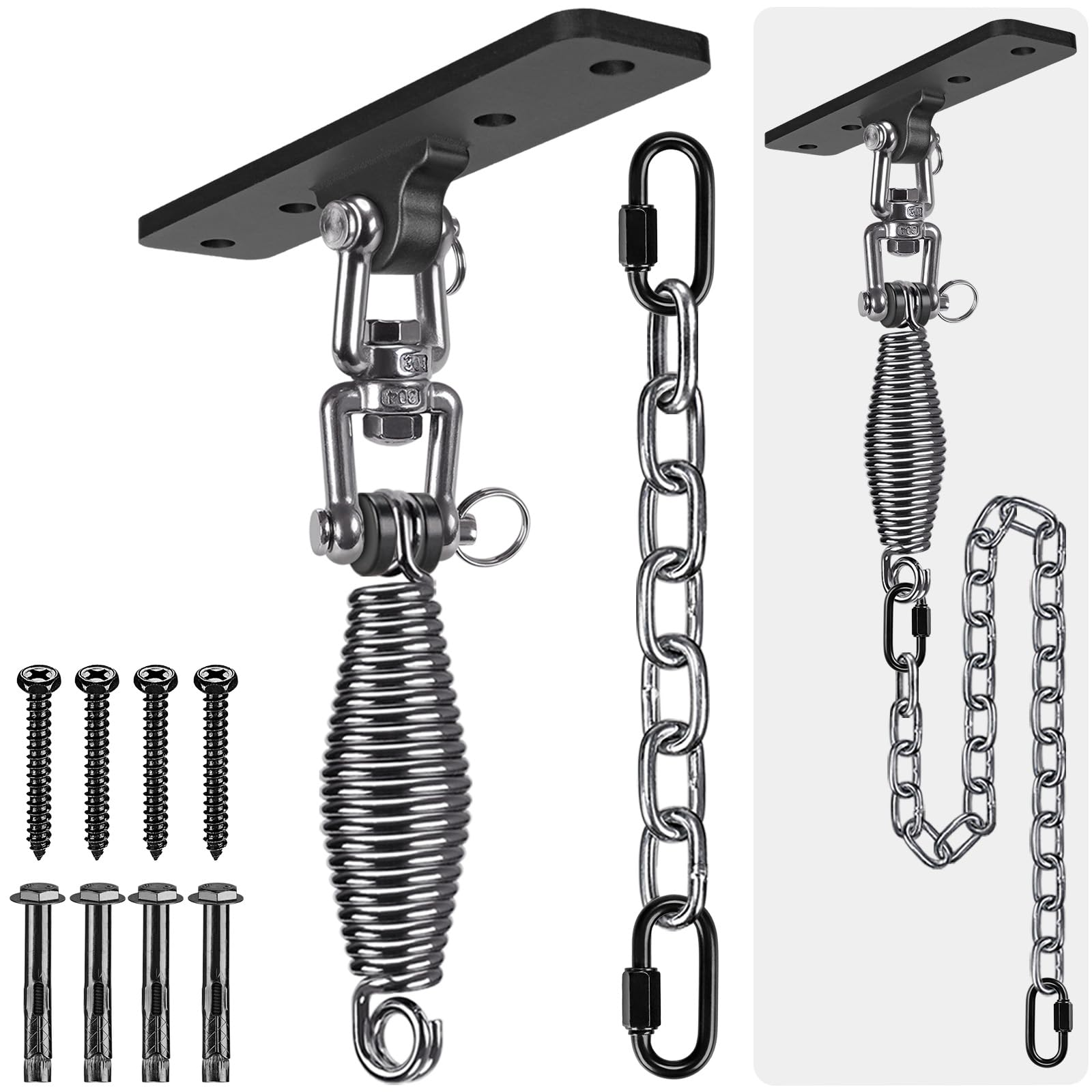 Dolibest Punching Bag Hanger, Boxing Ceiling Hook Punch Holder 4 Hole Swing Bracket 360 Swivel with Carabiner&6mm Spring&100cm Chain for Hanging Heavy Bag Hammock Wood/Concrete Wall Beam Mount, 350lbs