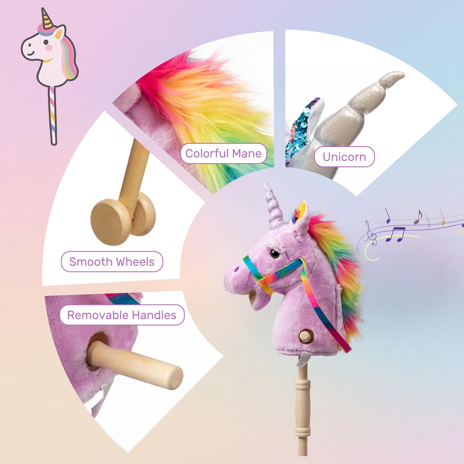 HollyHOME Unicorn Stick Horse Handcrafted Hobby Horse on a Stick with Wood Wheels Real Pony Neighing and Galloping Sounds Plush Unicorn Toy Purple 36 Inches(AA Batteries Required)