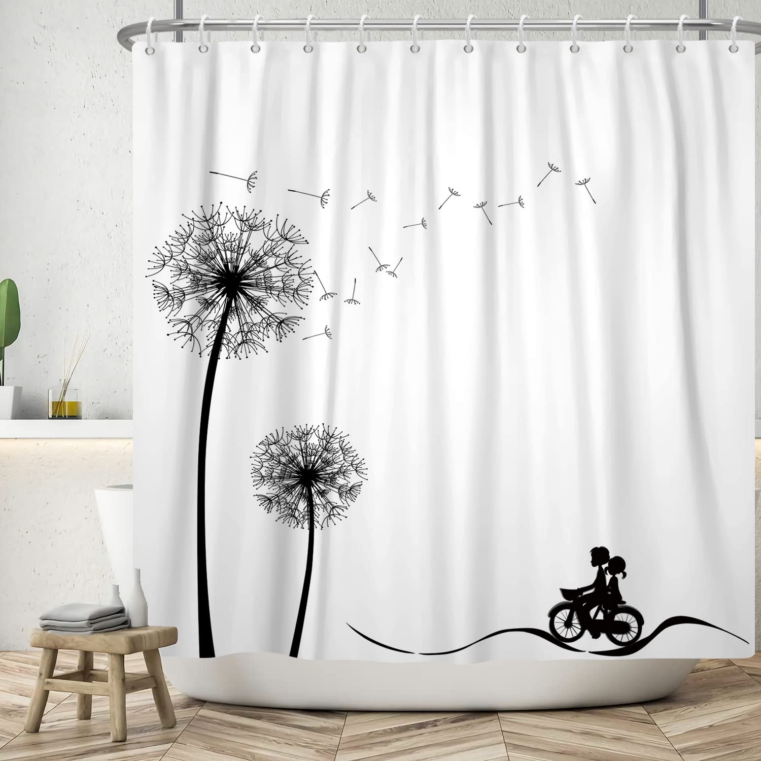 Ttincceer 60x72inch Dandelion Shower Curtain Black White Dandelion Plant Bath Curtain Young Couple Cycling Silhouette Shower Curtains Simple Modern Waterproof Bathtub Curtain