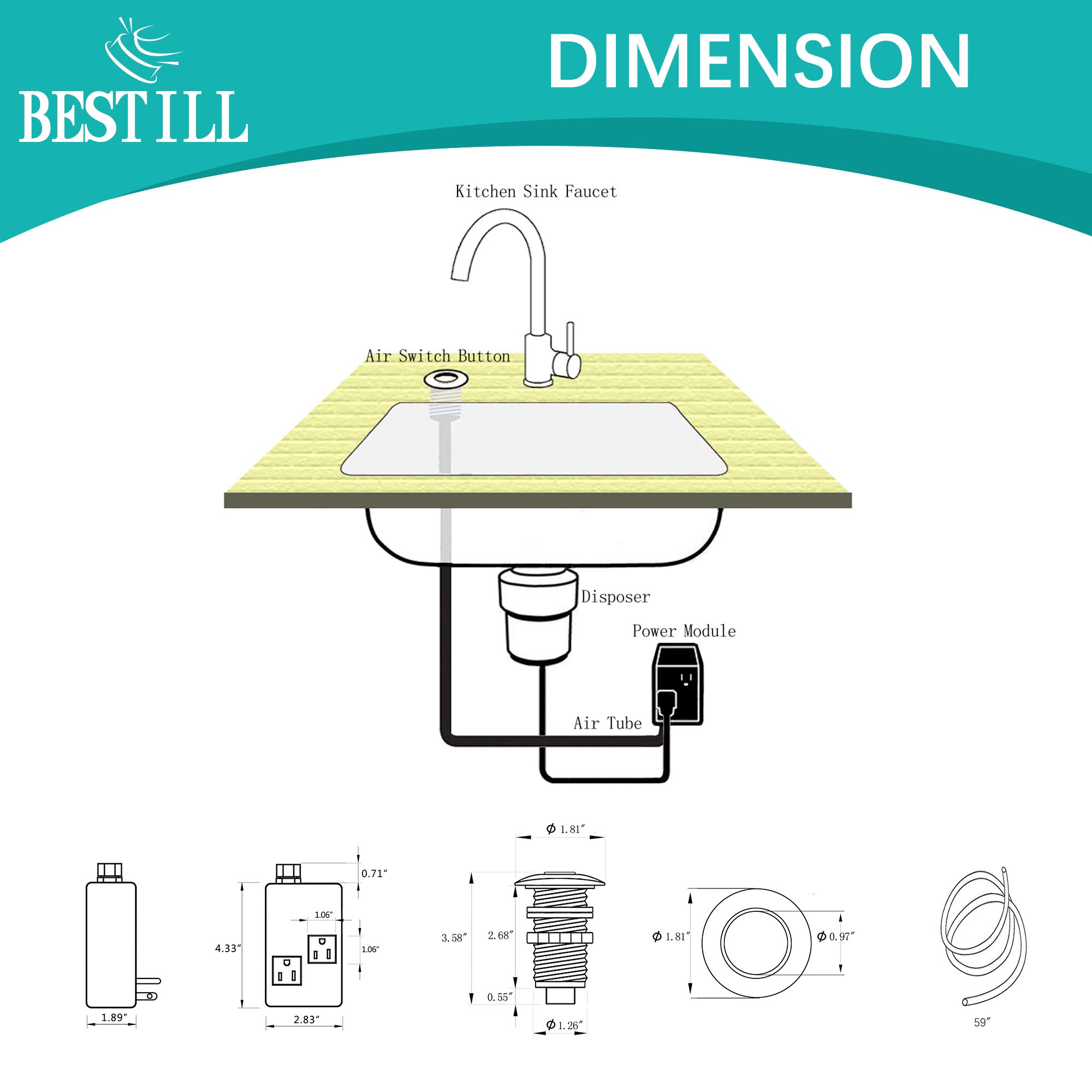 BESTILL Sink Top Garbage Disposal Air Switch Kit with Dual Outlet, Matte Black (Long Button with Brass Cover)