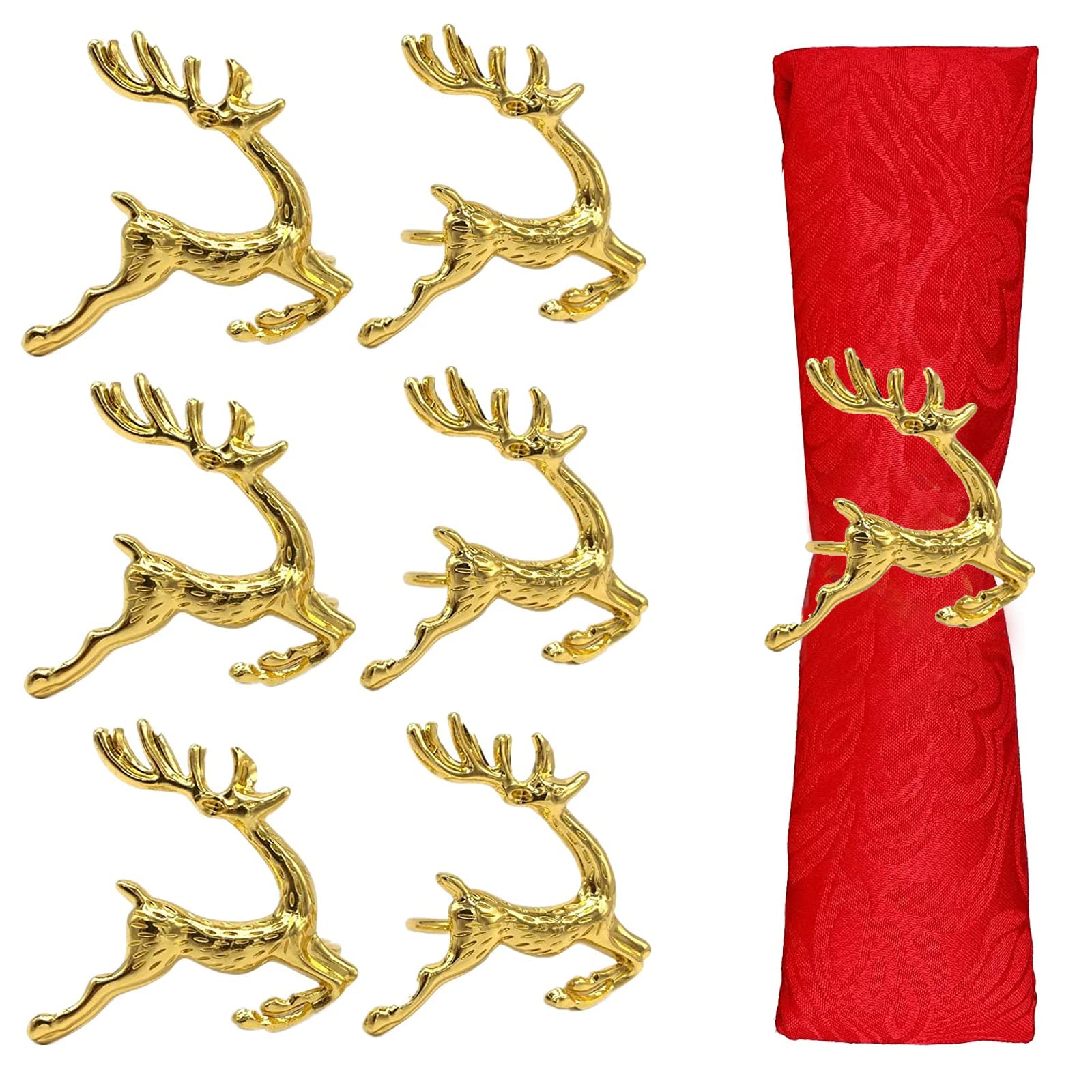 Christmas Napkin Rings- 6 Pcs Gold Reindeer Napkin Ring Set Napkin Holders Buckle for Table Decor, Wedding, Banquet, Party Dinners