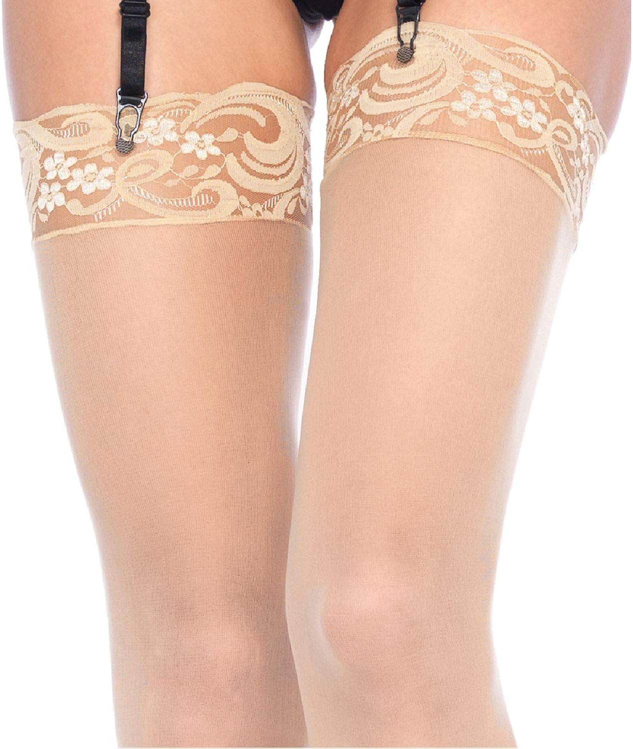 Nylon Sheer Thigh High With Lace Top: Clothing