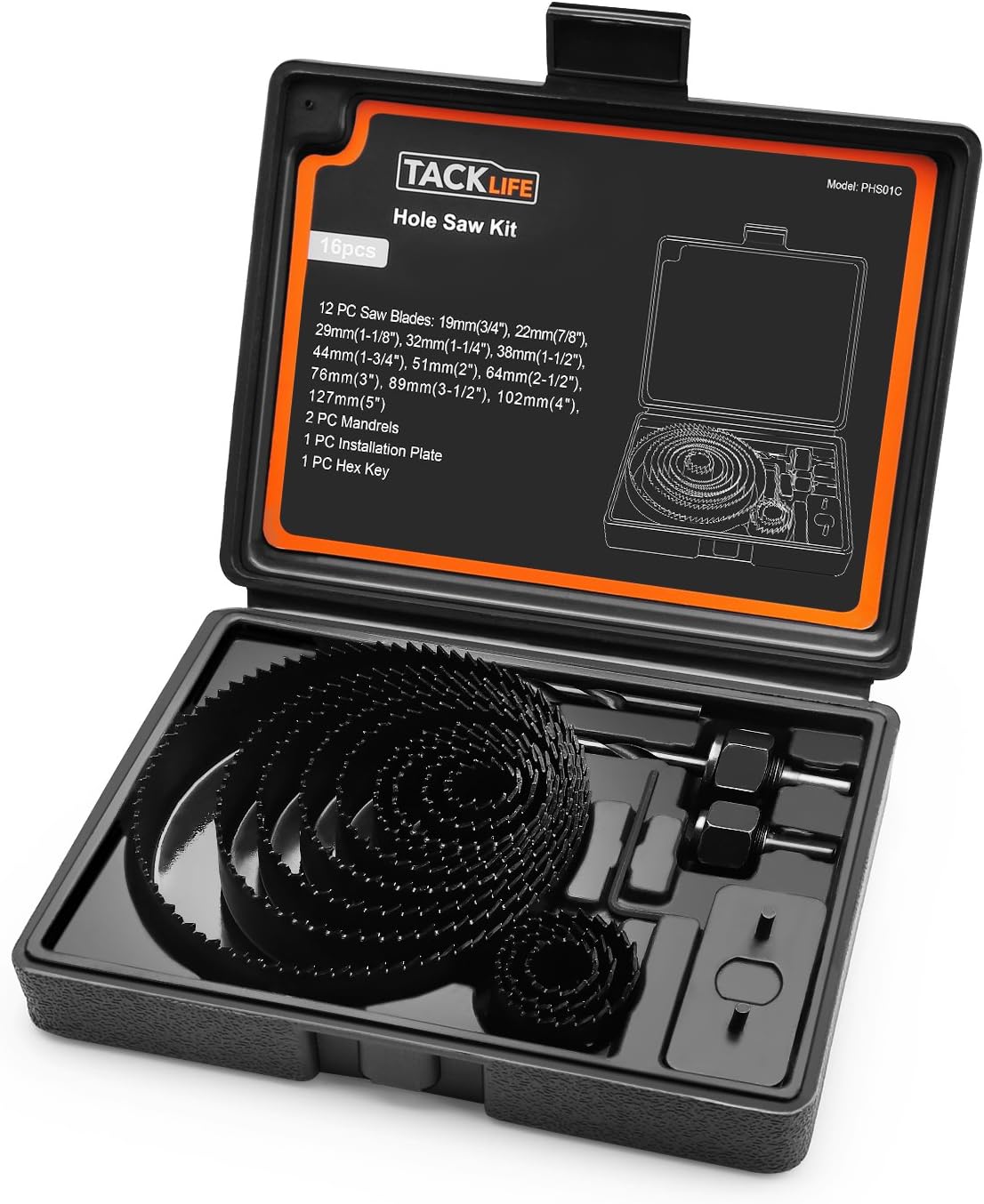 Hole Saw Kit, 17 Pieces 3/4’’-6’’ Full Set in Case with Mandrels, Hex Key and Install Plate for Wood, PVC Board ,Drywall and Plastic Plate Drilling, Hardened High Carbon Steel -Tacklife PHS01C