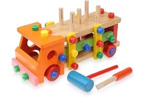 Boxiki kids Wooden Vehicle Construction Tool Set - Montessori Learning Activities for Preschoolers. Wooden Truck Building Set for 3+ Year Olds. (Orange)