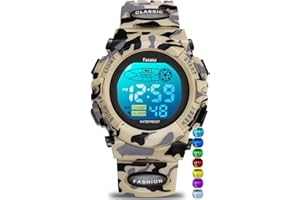 Facasu Camo Sports Watch for Boys-Waterproof Kids Digital Watch with Colorful Light, Alarm&Snooze,Stopwatch Military Design Silicone Band Gift for Birthdays,Christmas Outdoor Activities(8+ Years)