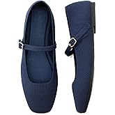Soesyi Knit Flats for Women Square Toe Flats Casual Ballet Flats with Ankle Strap,Mary Jane Shoes Women Comfortable for Dressy Office