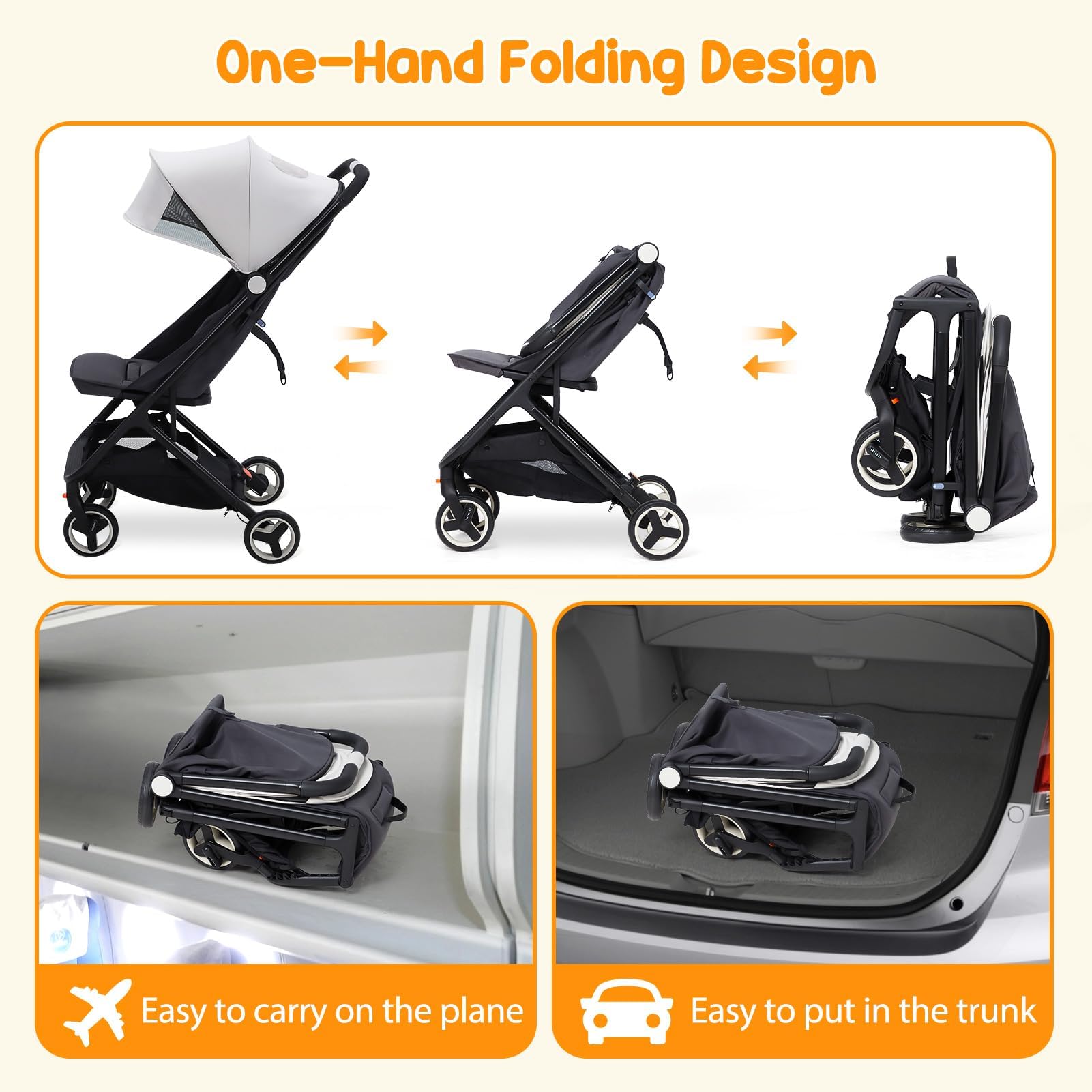 Lightweight Baby Stroller, Compact Umbrella Stroller with Adjustable Canopy/Footrest/Backrest, One-Hand Folding Newborn Infant Stroller for Airplane Friendly(Grey)