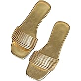 GORGLITTER Women's Gold Square Open Toe Flat Sandals Dressy 2026 Trendy Metallic Strapy Slide on Shoes