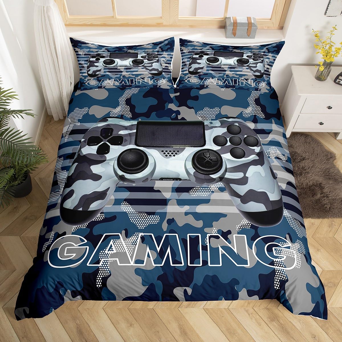 Loussiesd Gamer Bedding Set for Kids Boys Camouflage Gaming Comforter Cover Set Video Game Gamepad Duvet Cover Blue Gray Camo Gontroller Double 3Pcs