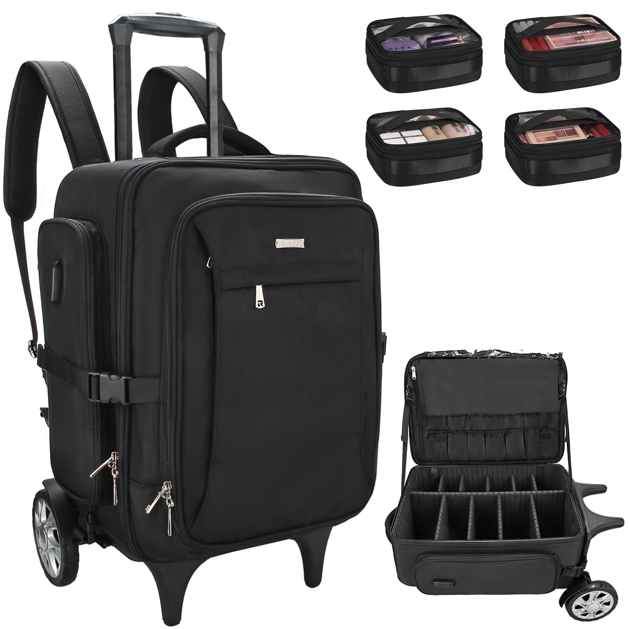 Photo 1 of ***(MISSING WHEELS)***Relavel Rolling Makeup Case Backpack Travel Train Case Organizer with Big Wheels, Cosmetic Case with 4 pcs makeup bags