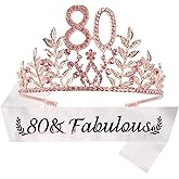 80th Birthday Sash and Tiara for Women - Fabulous Glitter Sash + Leafs Rhinestone Pink Premium Metal Tiara for Her, 80th Birthday Gifts for 80 Celebration