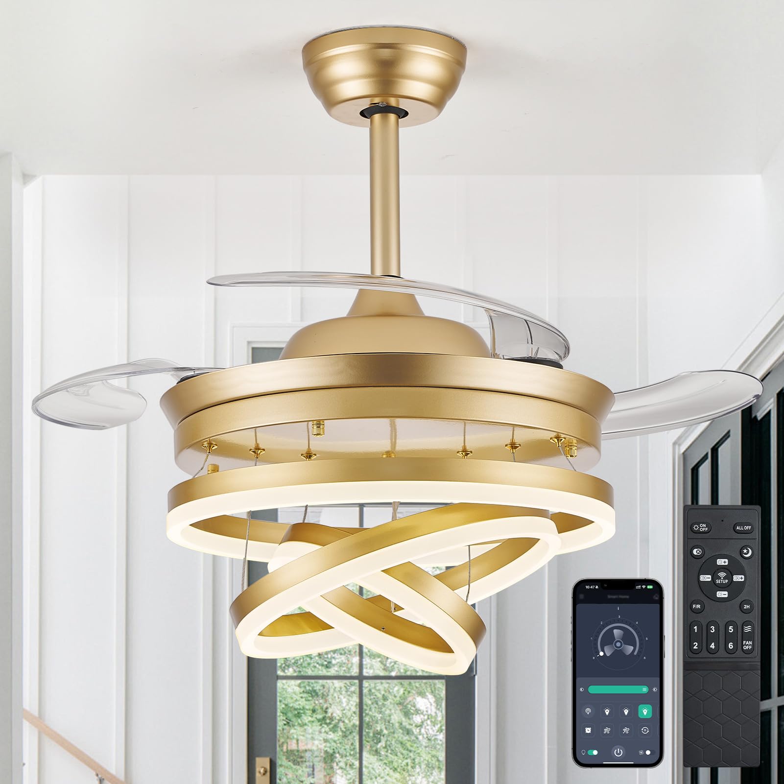 Photo 1 of 42 Inch Retractable Ceiling Fans with Lights, Remote/APP Control Ceiling Fan, Modern Fandelier Ceiling Fan with 6 Speeds LED Dimmable 3CCT Chandelier Fan for Bedroom Living Room Dining Room, Gold