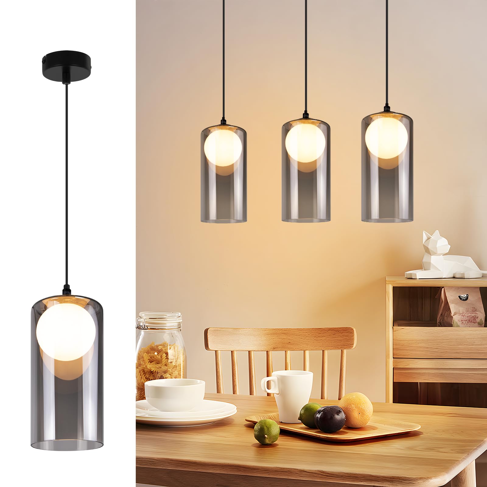 CBJKTX Hängelampe Vintage Pendelleuchte Esstisch - Glas Hängeleuchte G9 1 Flammig Esstischlampe Hängend Schwarz Retro Pendellampe Höhenverstellbar für Wohnzimmer Schlafzimmer (ohne Leuchtmittel)