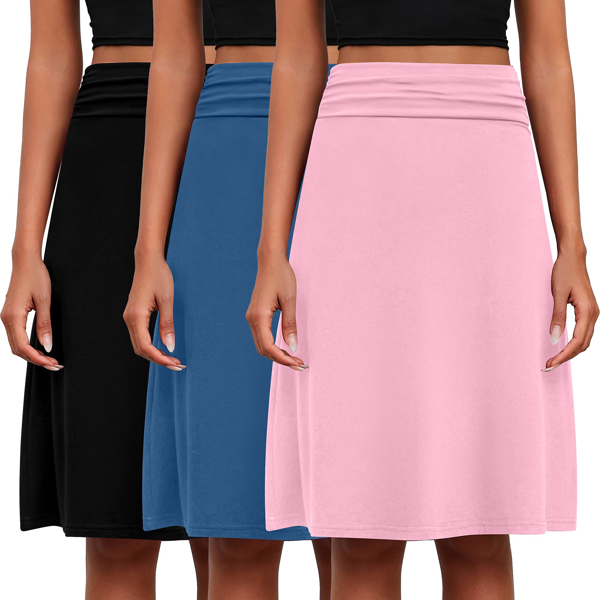 Photo 1 of ***(MISSING THE BLACK ONES/ NOT A COMPLETE SET)***Baggyfly 3 Pack Womens Midi Skirts Flowy Lightweight Knee Length Casual Elastic Waist Modest Flared Skirts Trendy Summer(M,Black, Blue, Pink)