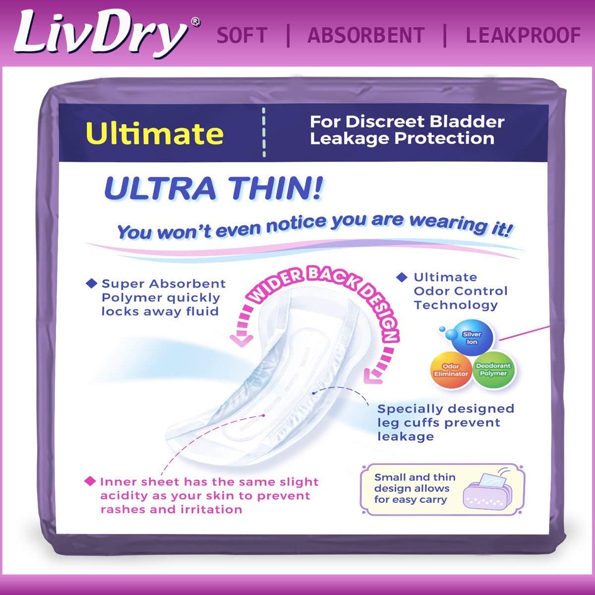 LivDry Incontinence Ultra Thin Pads for Women | Leak Protection and Odor Control | Extra Absorbent (Ultimate 60-Count): Health & Personal Care
