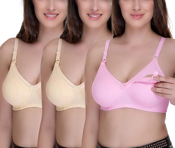 Women's Feeding Bra Full Cup Hosiery Cotton Breastfeeding Nursing Maternity (Multicoloured) Combo Pack of 3