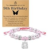 9th Birthday Gift for Her Beads Bracelets with Card Inspirational Gifts for Woman 9 Year Old Birthday Beaded Bracelet for Daughter Granddaughter Niece Sister Friend Turning 9 Present Stretch Jewelry