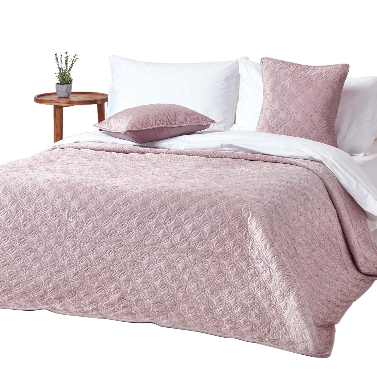 Homescapes Dusky Pink Velvet Geometric Bedspread Throw 200 x 200 cm