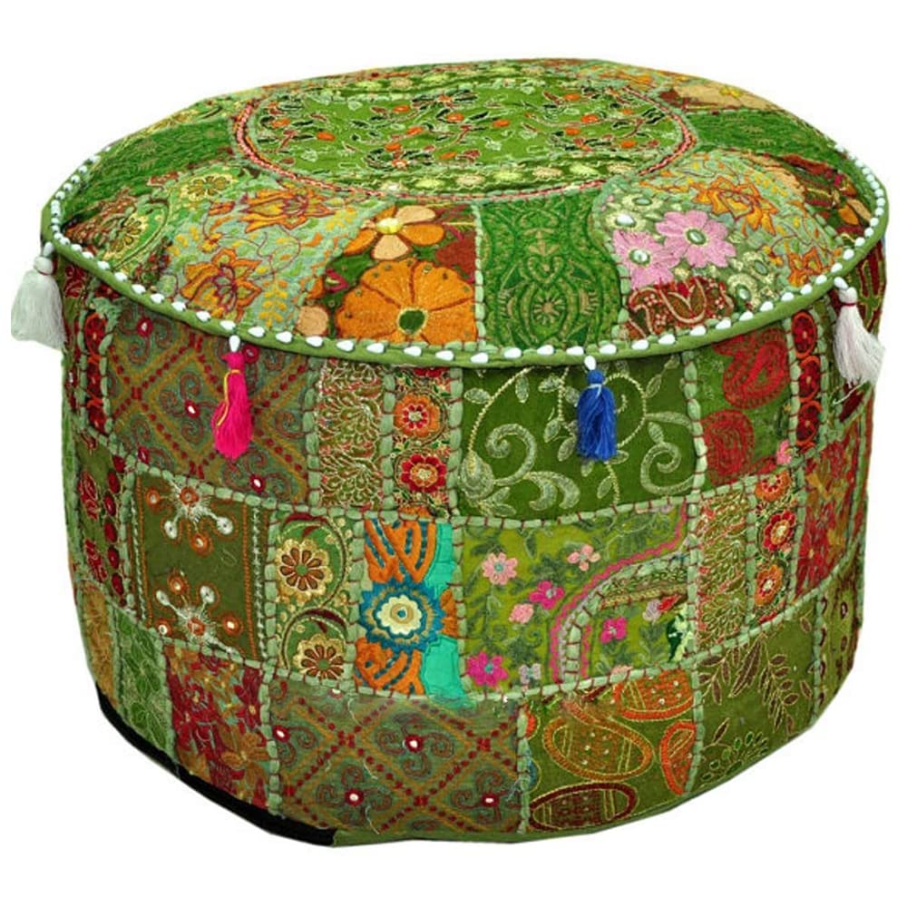 Aakriti Gallery Pouff Footstool Embroidered Pouf Cover, Indian Cotton Round Pouffe Ottoman Pouf Cover Pillow - Cover Only (18x13 inch) (Green, 46x33 cm)