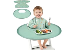 RICHER HOUSE Coverall Baby Feeding Bib, for High Chair Food Catcher, Long Sleeves Eating Bib for Highchair and Table, Detachable, Waterproof, Baby Bibs for Babies from 6 Months to 3 Years, Green