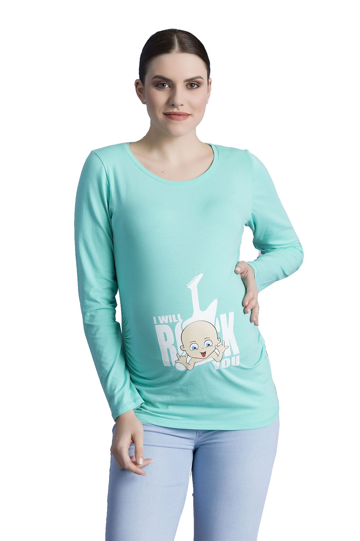 I Will Rock You - Pregnant Maternity Shirt Funny Cute Maternity Fashion T-Shirt with Pregnancy Print Long Sleeve - Green - Small