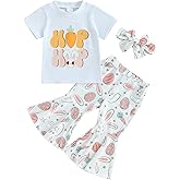 Kupretty Easter Outfits for Toddler Girls Clothes Bunny T-Shirt Tee Tops + Flare Pants + Headband Baby Bell-bottoms Set