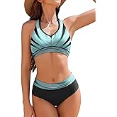 AI'MAGE Bikini Sets for Women High Waisted Two Piece Bathing Suit Tummy Control Swimsuits Halter Color Block Swimwear 2025