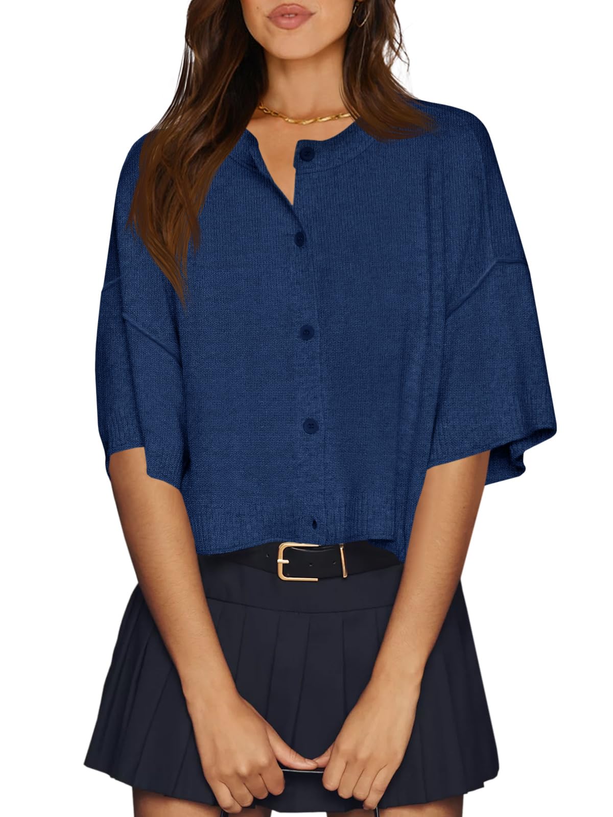 Photo 1 of Cicy Bell Womens Half Sleeve Cardigan Sweaters Cropped Button Down Tops Oversized Lightweight Ribbed Knit Summer Outfits Navy Blue