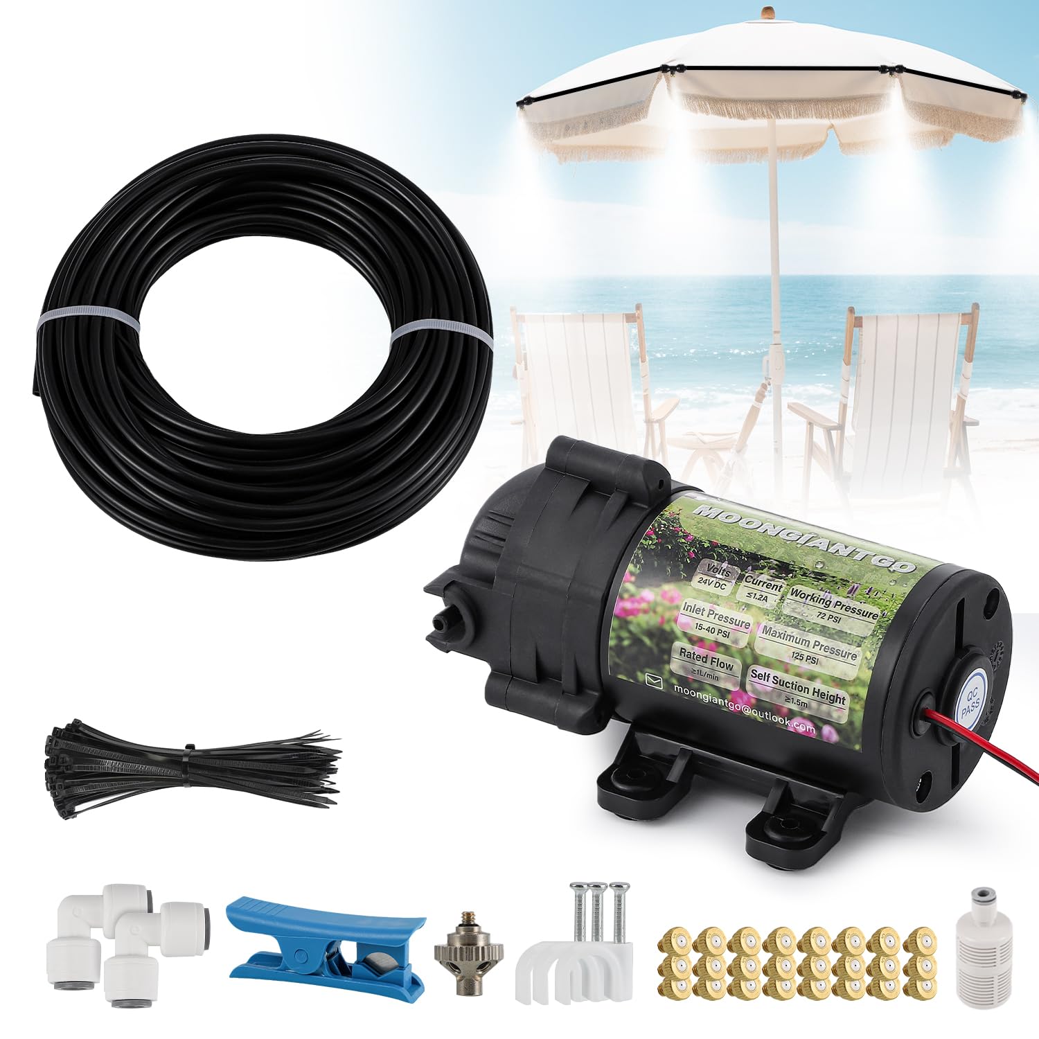 Photo 1 of Moongiantgo Outdoor Misting Cooling System with Pump Kit-82ft Misting System pipe+24 Brass Mist Nozzles 0.02’’+Cluster Body+3/4’’ Adapter-Mister for Outside Patio Backyard Garden Greenhouse Trampoline