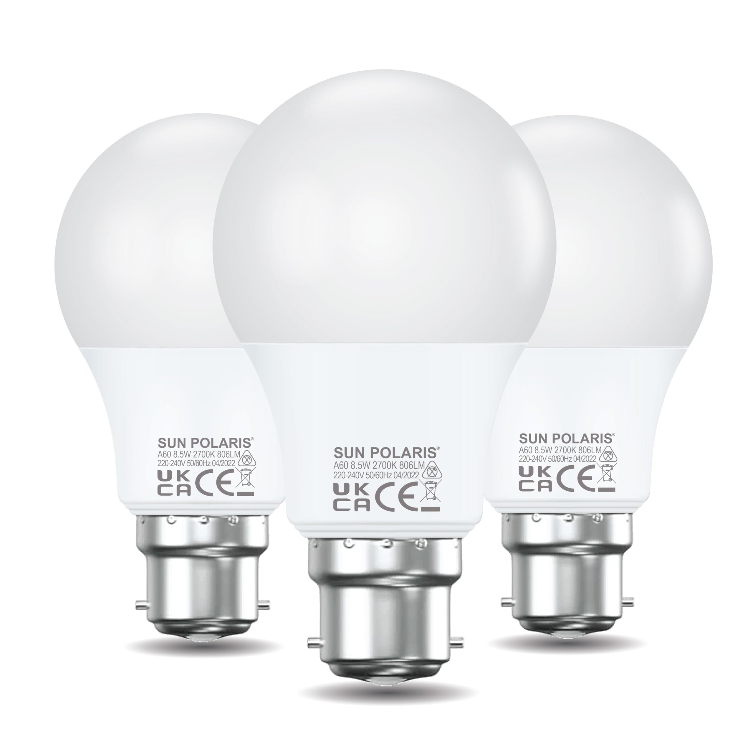SUN POLARIS LED Bulb Bayonet Cap B22, 2700K Warm White, 60W Equivalent, 8.5W 806 Lumens Light Bulbs, Standard Energy Saving, Non-Dimmable, High CRI, A60, GLS, Super Bright, Round Globe Lamp, Pack Of 3