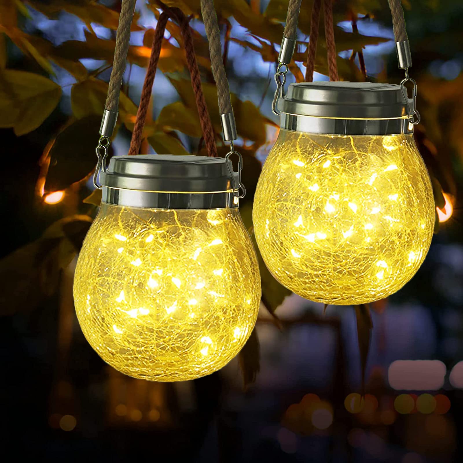 Solar Lantern Lights, ZQX 2PACK Hanging LED Solar Garden Lights , Solar Mason Jar Light,IP65 Waterproof Glass Jar Fairy Lights for Balcony Fence Garden Patio Fence Yard Lawn Decoration(Warm White)