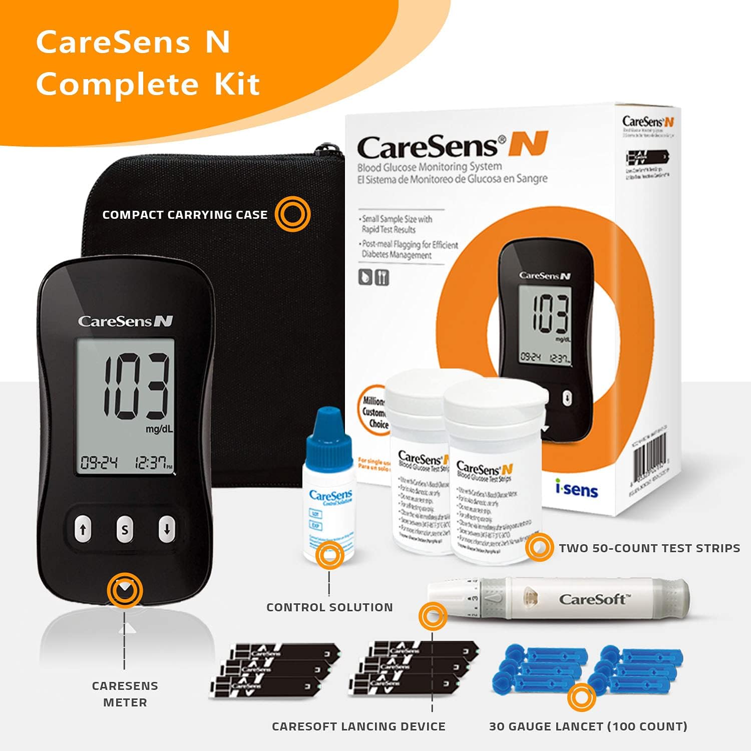 Blood Glucose Monitor Kit (Auto-Coding), CareSens N Diabetes Testing Kit with 1 Glucose Meter, 100 Glucose Test Strips, 1 Control Solution, 1 Lancing Device, 100 Lancets (30G), 1 Case: Health & Personal Care