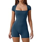 QINSEN Women's Short Sleeve Bodycon Romper Stretchy Square Neck Sexy Unitard Jumpsuit
