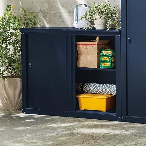 Amazon Co Jp ガーデニング フラワー ガーデニング用品 エクステリア 収納庫 物置 日本製 オールネイビー引き戸物置 薄型ロータイプ 5443 Diy 工具 ガーデン
