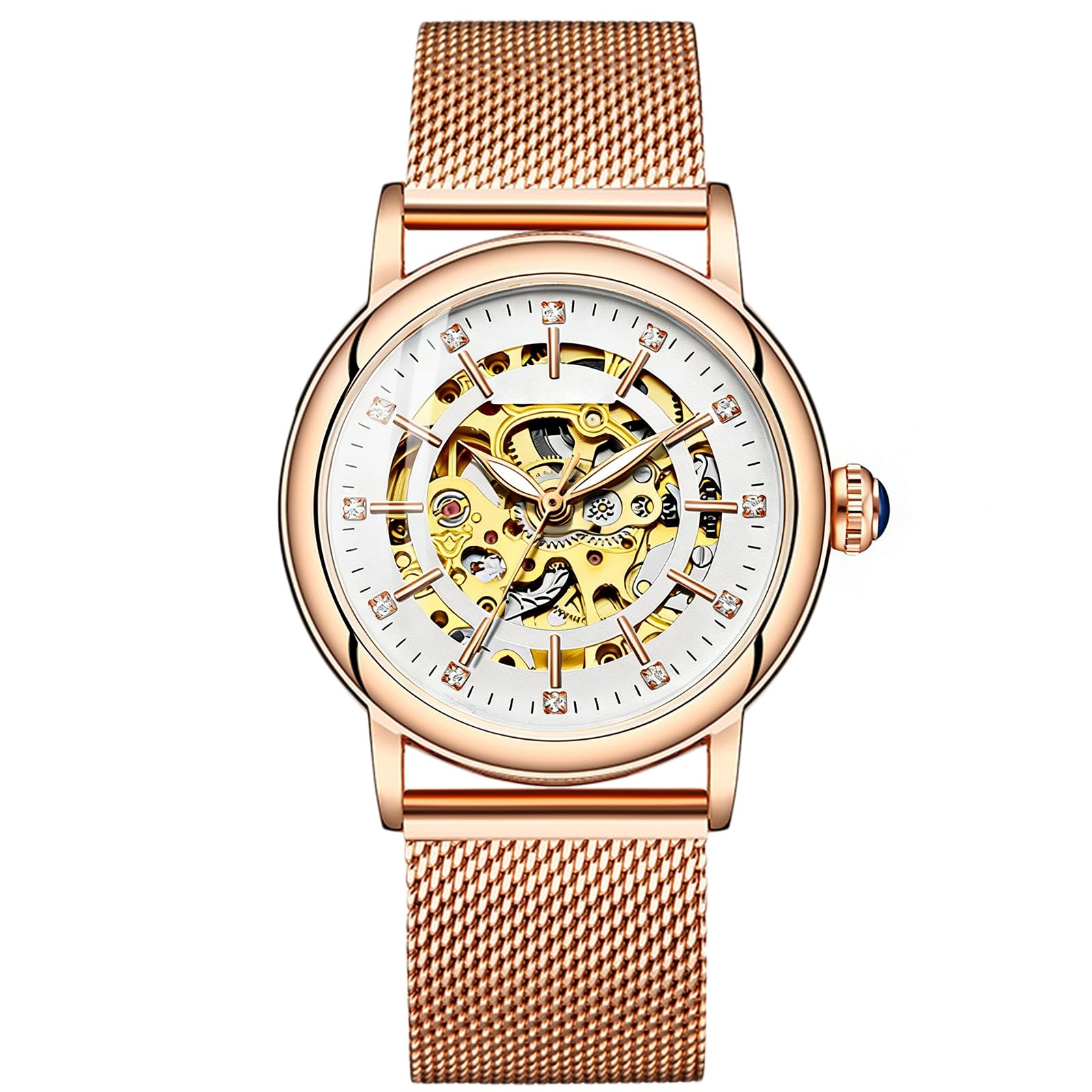 RORIOS Women's Automatic Mechanical Watch with Skeleton Dial and Stainless Steel Strap, Rose Gold B., Strap