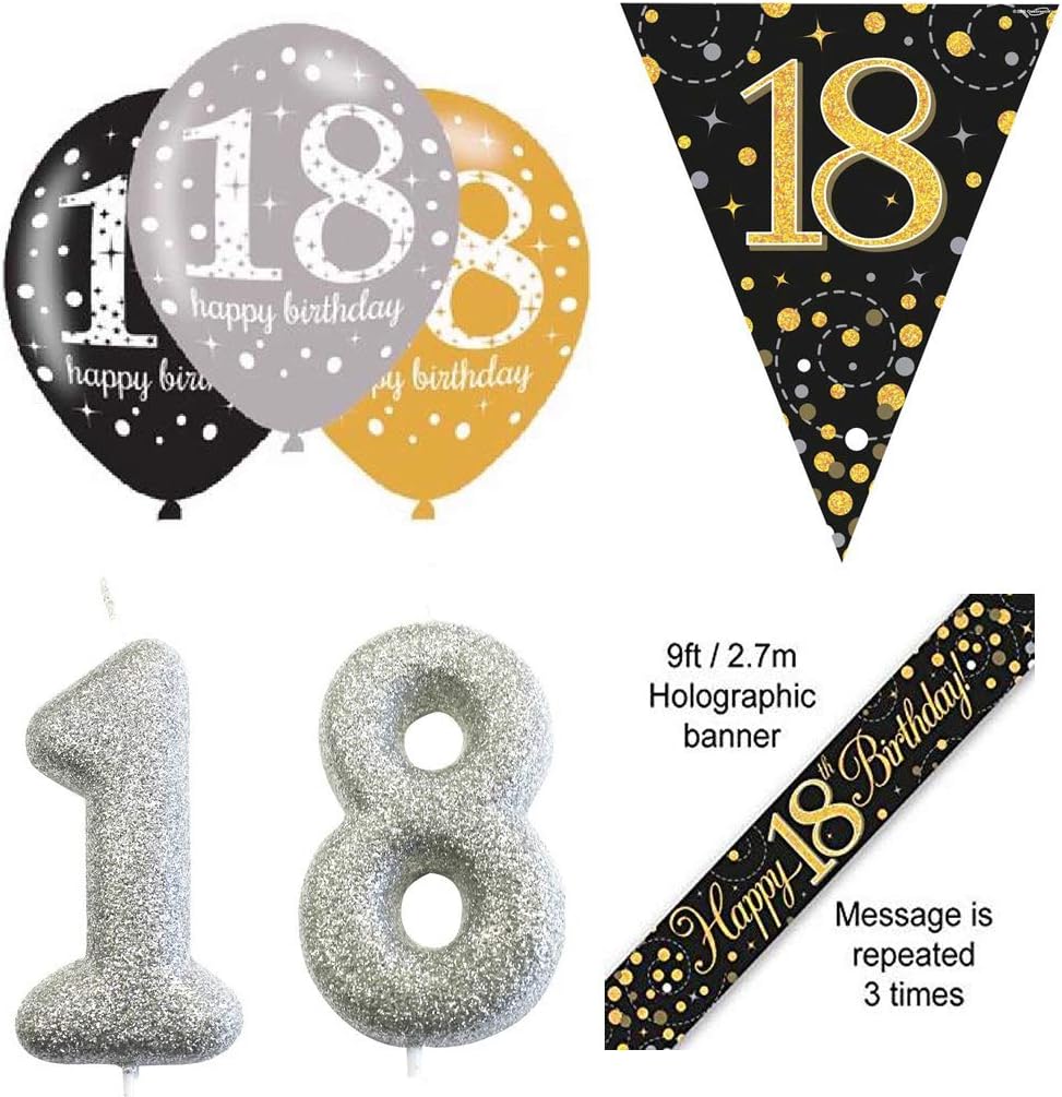EPF 18th Birthday Party Decorations Kit, Age 18 Black and Gold Banner, 6pcs Black and Gold 18th Latex Balloon, Age 18 Black and Gold Bunting, Silver Cake Candle 18th Complete Birthday Party Supplies