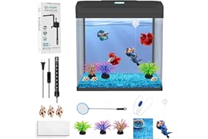 UTFFEDY 13 in 1 Glass Fish Tank, 4.5 Gallon Betta Aquarium Beginner Kit Multi-Functional Desktop Bowl with LED, Filter, Water Pump and Blue Aquarium Decor Stones and Plastic Fan Branch Plants Ornament