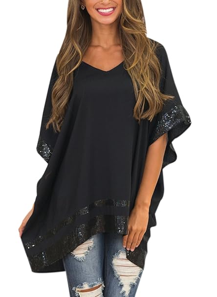 Nlife Frauen Kurzarm Pailletten Design Asymmetrische Hem Casual Bluse Tops