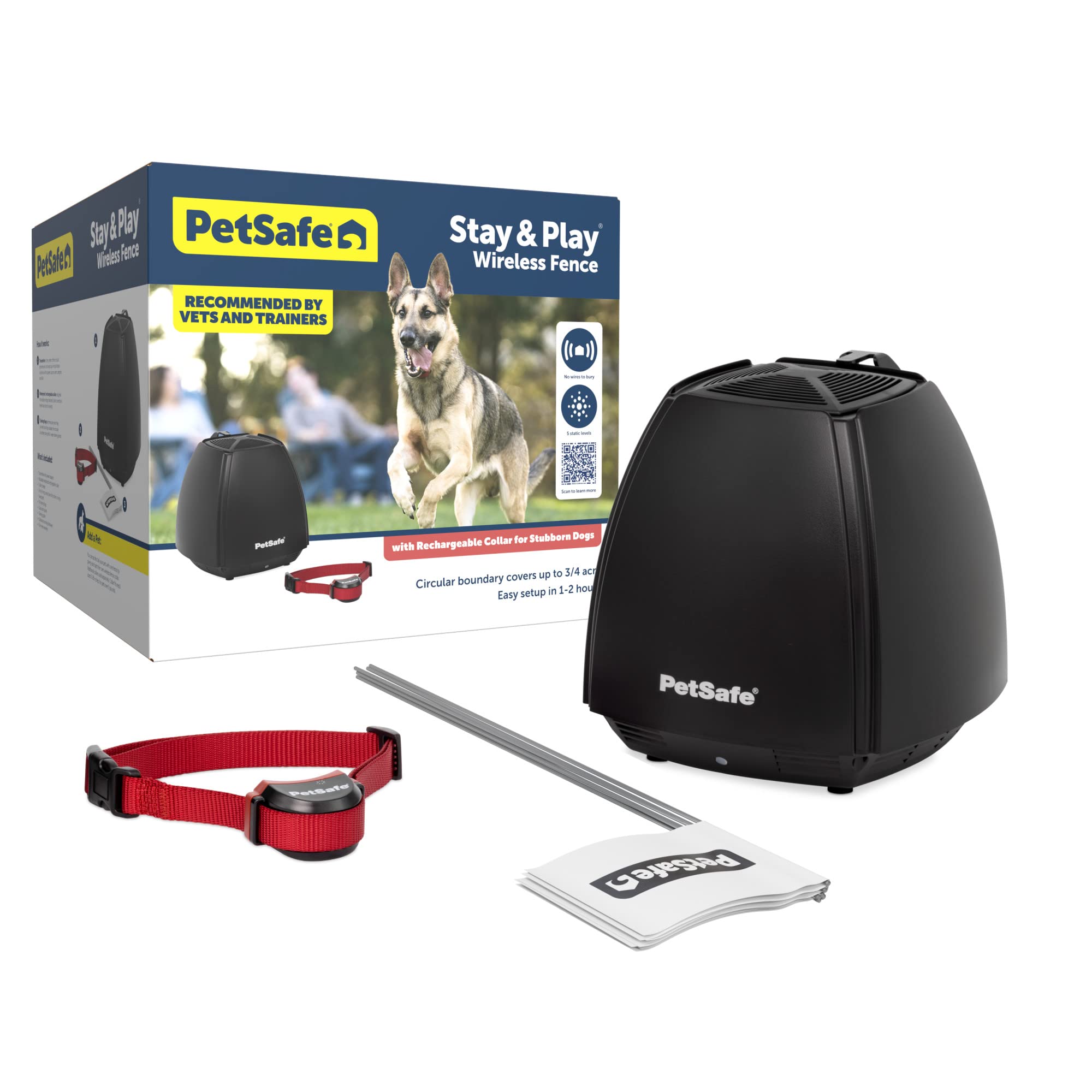 PetSafe Stay & Play Wireless Fence for Stubborn Dogs - America's Safest Wireless Pet Containment System - No Dig Electric Fence with Circular Boundary - Secure 3/4-Acre Yard - for Dogs 5lb+