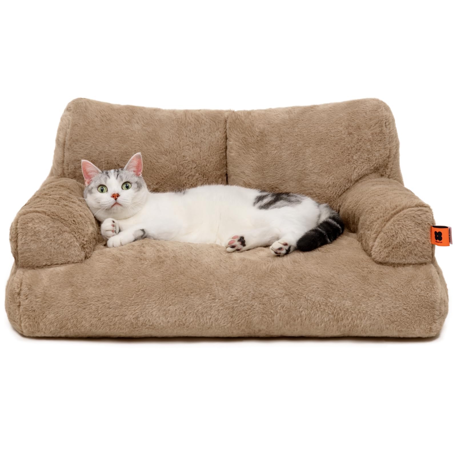 MEWOOFUN Dog Couch, Supportive Small Dog Bed for Puppy and Cats with Removable Washable Cover, Fluffy Cat Couch with Non-Slip Bottom (Camel, 26.0" L X 19.0" W X 13.0" Th) Image