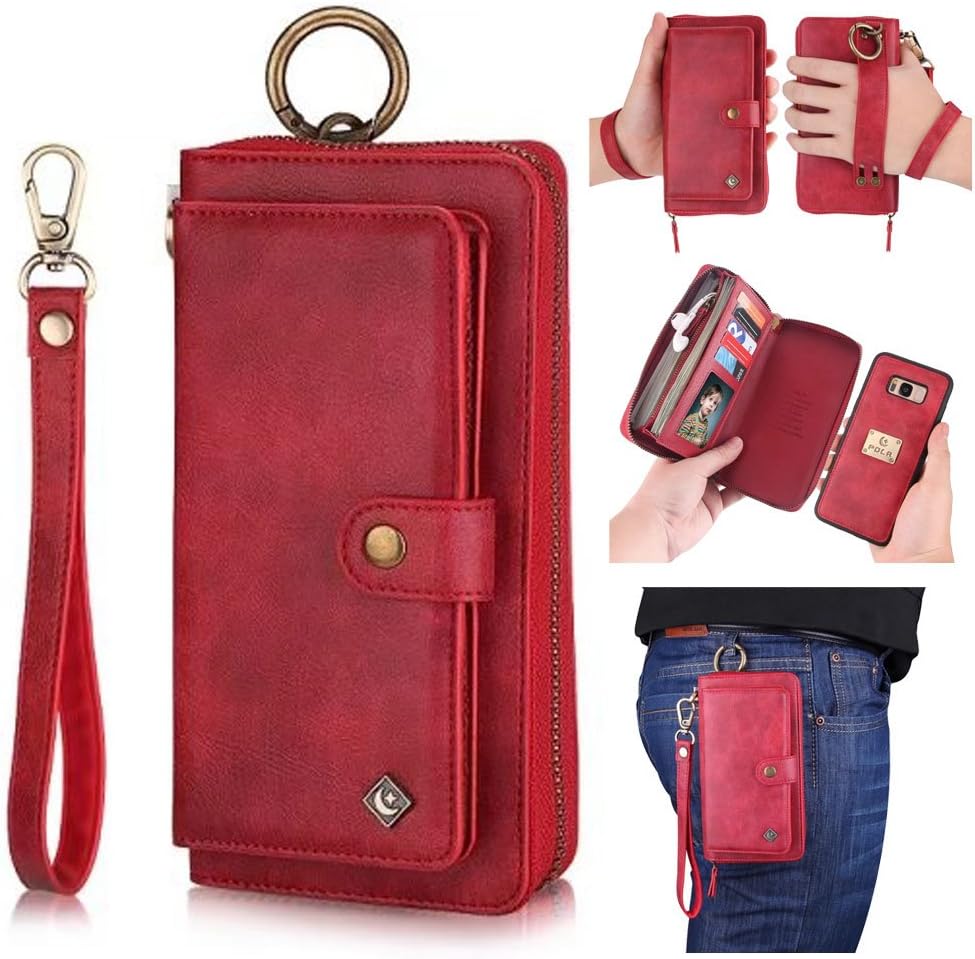 Galaxy S8 Plus Wallet Case,Galaxy S8 Plus Zipper Wallet Case,AIFENG for Samsung Galaxy S8 Plus Leather Flip Folio Case Cover Detachable Magnetic Wallet Purse Case Leather Pouch with Card Holder,Red