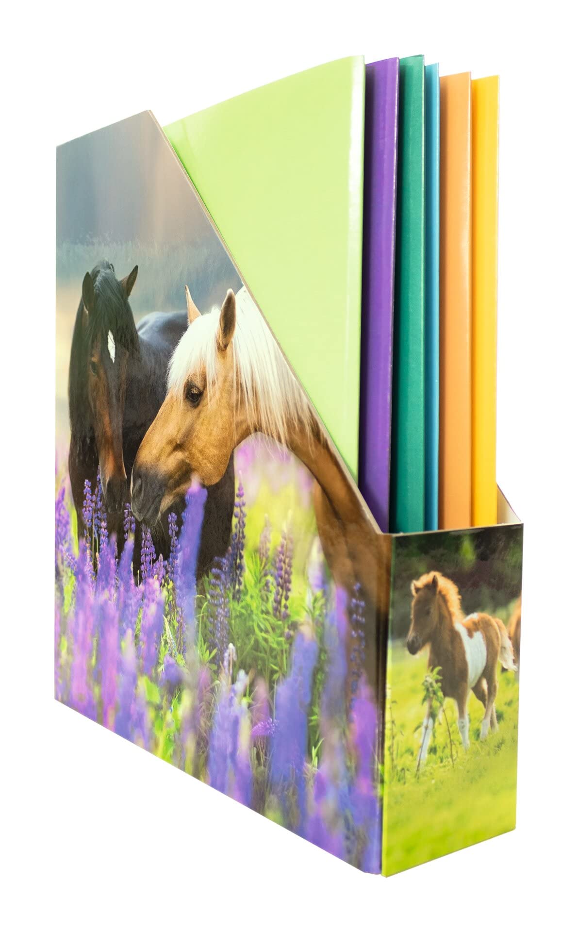 HERMA 19718 Magazine File A4 with Horses Motif, 7.5 cm Wide, Foldable, Sturdy Cardboard, Slim Magazine Holder for Girls and Boys, Standing File for Storing Documents, Documents, Folders