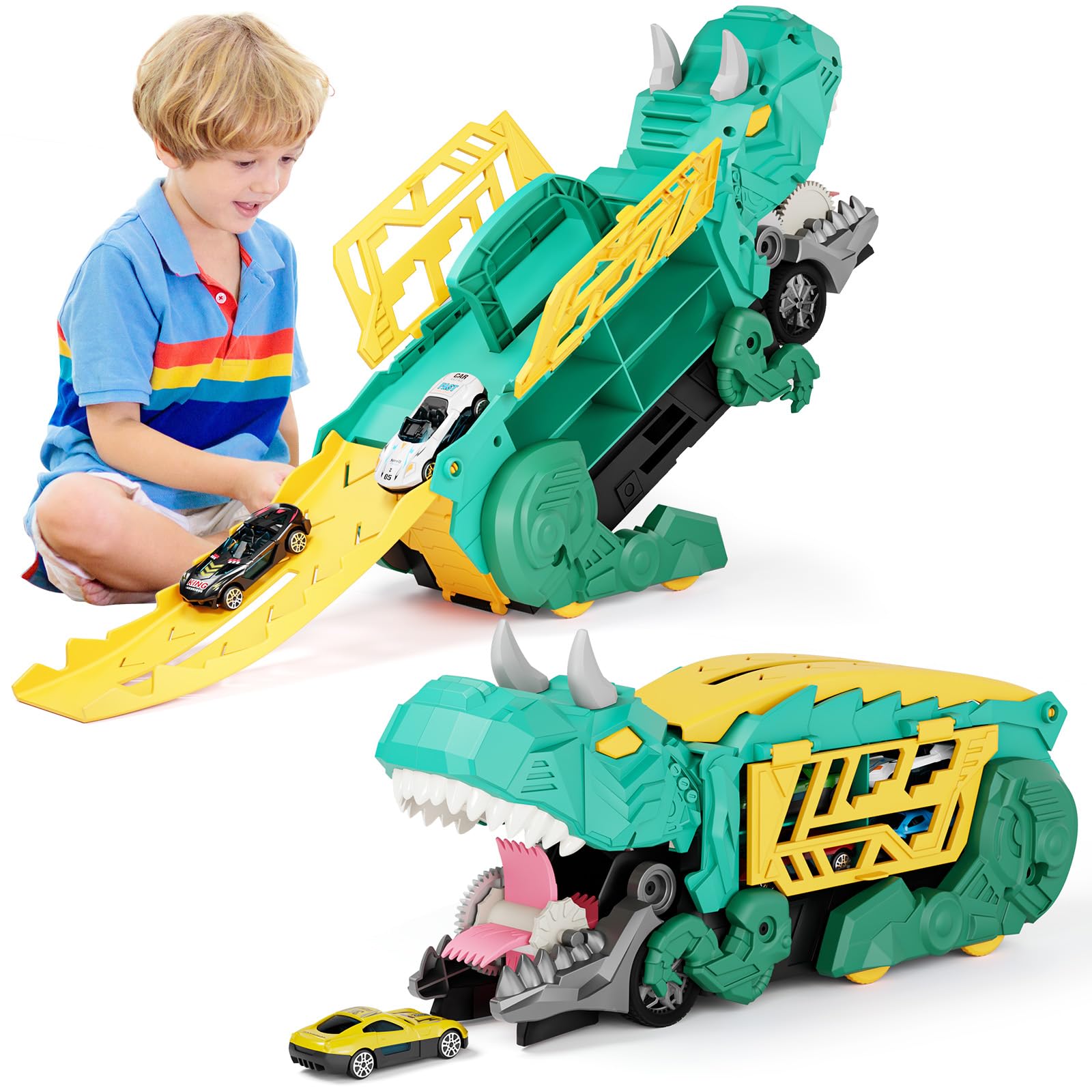 SHAWE Dinosaur Transporter Truck Toys for Boys Age 3-8, Portable Sliding Race Track Toy, 6 Racing Cars, Swallowing Action, Transformable Carrier Truck Car Toy Gifts for Kids 3 4 5 6 Years Old
