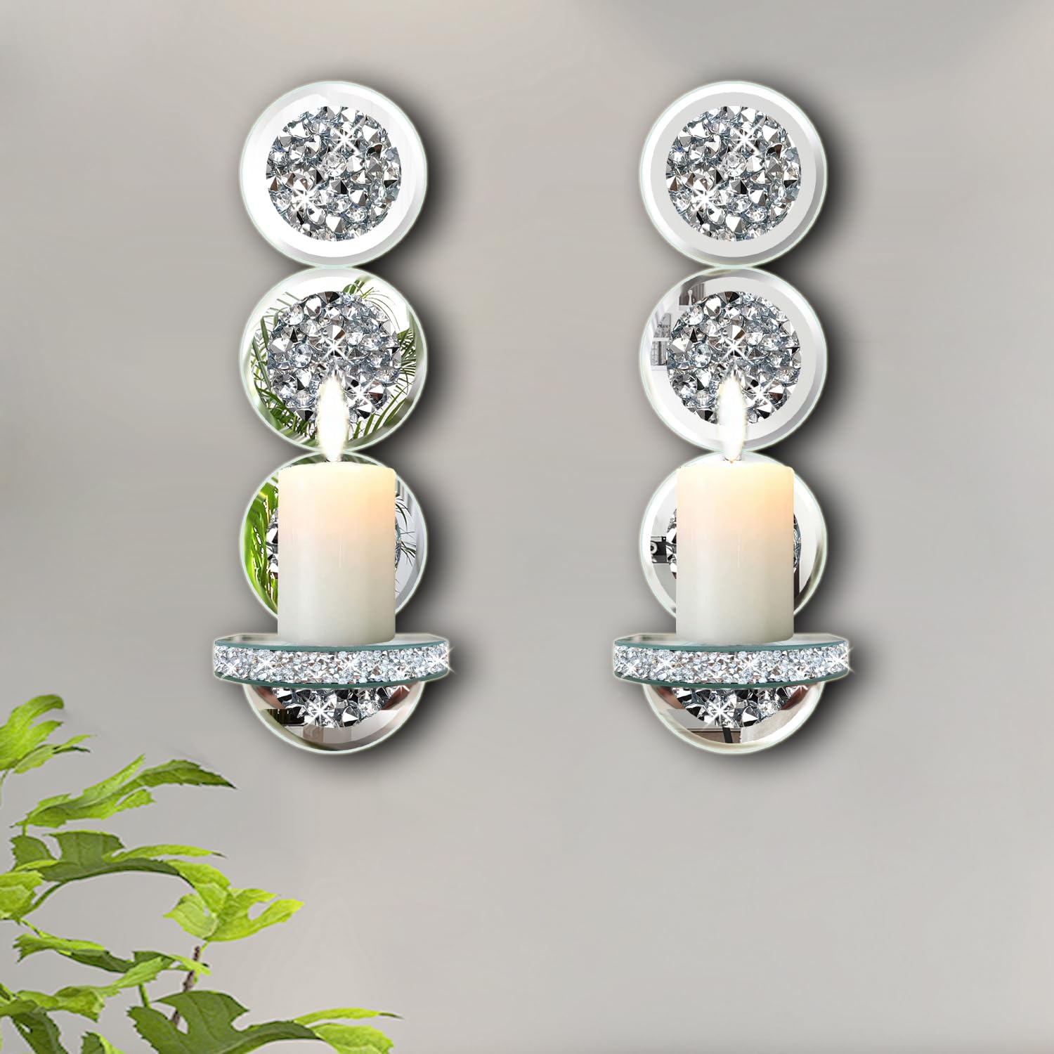 Photo 1 of **************ONE IS BROKEN***************
ZOLAPI Set of 2 Crystal Crush Diamond Candle Sconces, Gorgeous Silver Mirrored Wall Sconce, Round Candle Holder Glass Wall Decorations for Home Décor, Living Room, Dining Room.